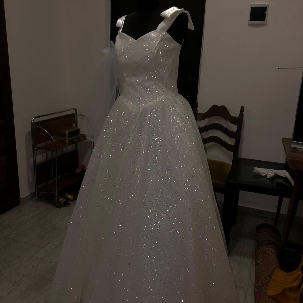 Sparkling Wedding Dress with Bow Straps & Adjustable Corset Back